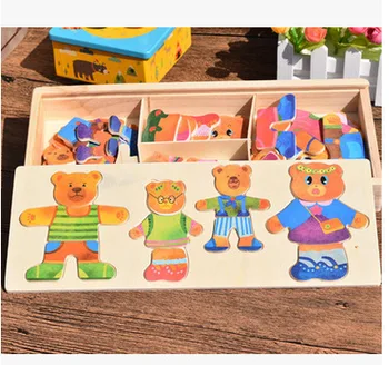 Montessori ugdymo 4 lokys persirengti vaikų ankstyvosios medienos įspūdį padažu žaidimas, dėlionės blokai žaislai, keisti drabužiai