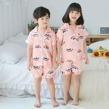 Naujas 2020 metų Vasaros trumpomis Rankovėmis Vaikai Sleepwear Nustatyti Šilko Pižama, Nustatyti Berniukų Pižamos Kostiumas Vaikams naktiniai drabužiai Mergaitėms satino homewear