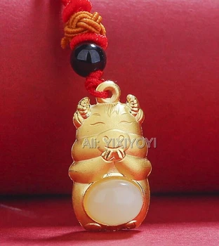Natūralus Baltas Hetian Jade + Kietosios Aukso Inkrustacijos Kinijos Fu Zodiakas Jautis Palaima Amuletas, Kabamųjų Lynų Karoliai Žavesio Dovana Fine Jewelry