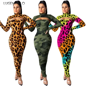 Lugentolo Moteris Seksuali Suknelė Bodycon Šalies ilgomis Rankovėmis, Leopardas spausdinimui Slim Fit Atsitiktinis Mados Vieno žingsnio Ilgio Suknelės