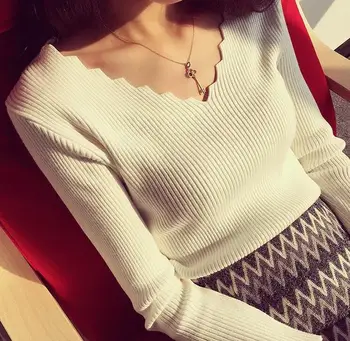 Moterų viršūnių 2020 metų vasaros korėjos versija megztinis banga V-kaklo, ilgomis rankovėmis megztinis megztinis dugno marškinėliai