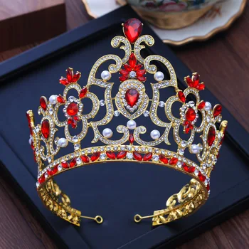 Derliaus Karalius ir Karalienė Diadem Baroko Aukso Metalo Rožančiai Red Crystal Pearl Karūna Nuotaka Vestuvių Plaukų Aksesuarai Moterims, Plaukų papuošalai