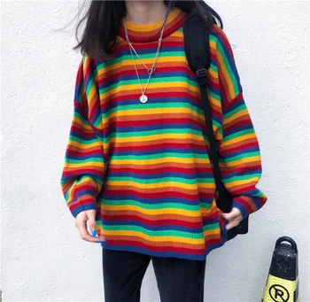 Korėjos Harajuku Prarasti Dryžuotas Vaivorykštė Džemperis Moterims Puloveris Ulzzang Kawaii Girl Megztiniai Megztiniai 2019 M. Rudenį, Žiemą