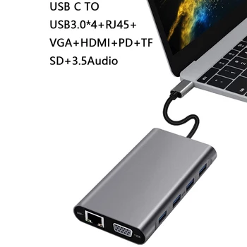 11 1 USB C Šakotuvą su 4 USB Gigabit Ethernet VGA, HDMI, USB, C su Galios Tiekimo o Prievadas SD ir Mini SD Kortele
