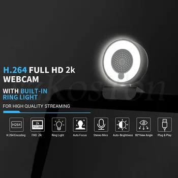 HD automatinio Fokusavimo Kamera su šviesos Trikojis Stovas 1080P 2K Web Kamera PC Tampyti Kompiuterio Kamera su Mikrofonu Žiedas Šviesos Web Cam