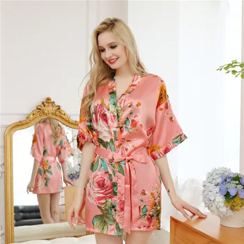 Satino Sleepwear Šilkinis Chalatas Kimono Suknelė Moterims Minkštas Nightdress Spausdinti Gėlių Nuotaka Bridesmaid, Vestuvių Drabužius, Laisvalaikio Namuose Drabužiai