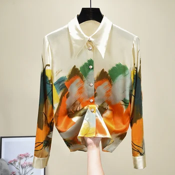 Marškinėliai Moterims, 2021 M. Pavasarį Naują Atvykimo Tapyba Spausdinti Šifono Palaidinė Ilgomis Rankovėmis Elegantiškas Modis Viršūnės