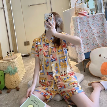 Medvilnės Pižamos Kostiumas Moterims Trumpomis Rankovėmis, Šortai Pajama Komplektai Ponios Mielas Animacinių Filmų Spausdinimo Japonijos Paprasta Sleepwear Homewear Pijamas